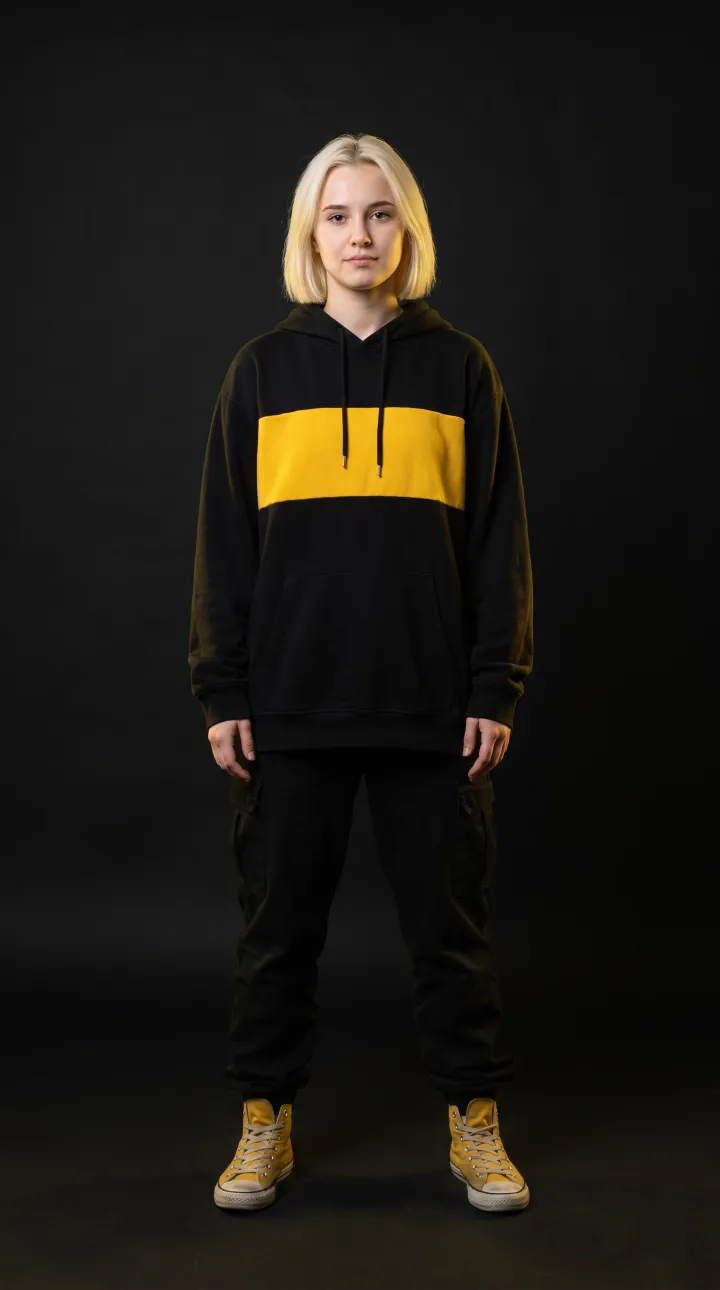 Source photo: street dancer in a black and yellow hoodie